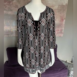 White House Black Market Graphic Tie Front Mini Dress 1/4 Sleeve Size M